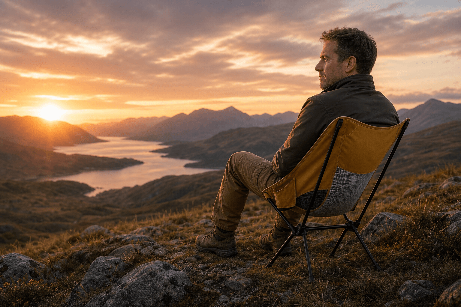 Adventurer sitting in a mecandoo chair overlooking Scottish mountains at sunset